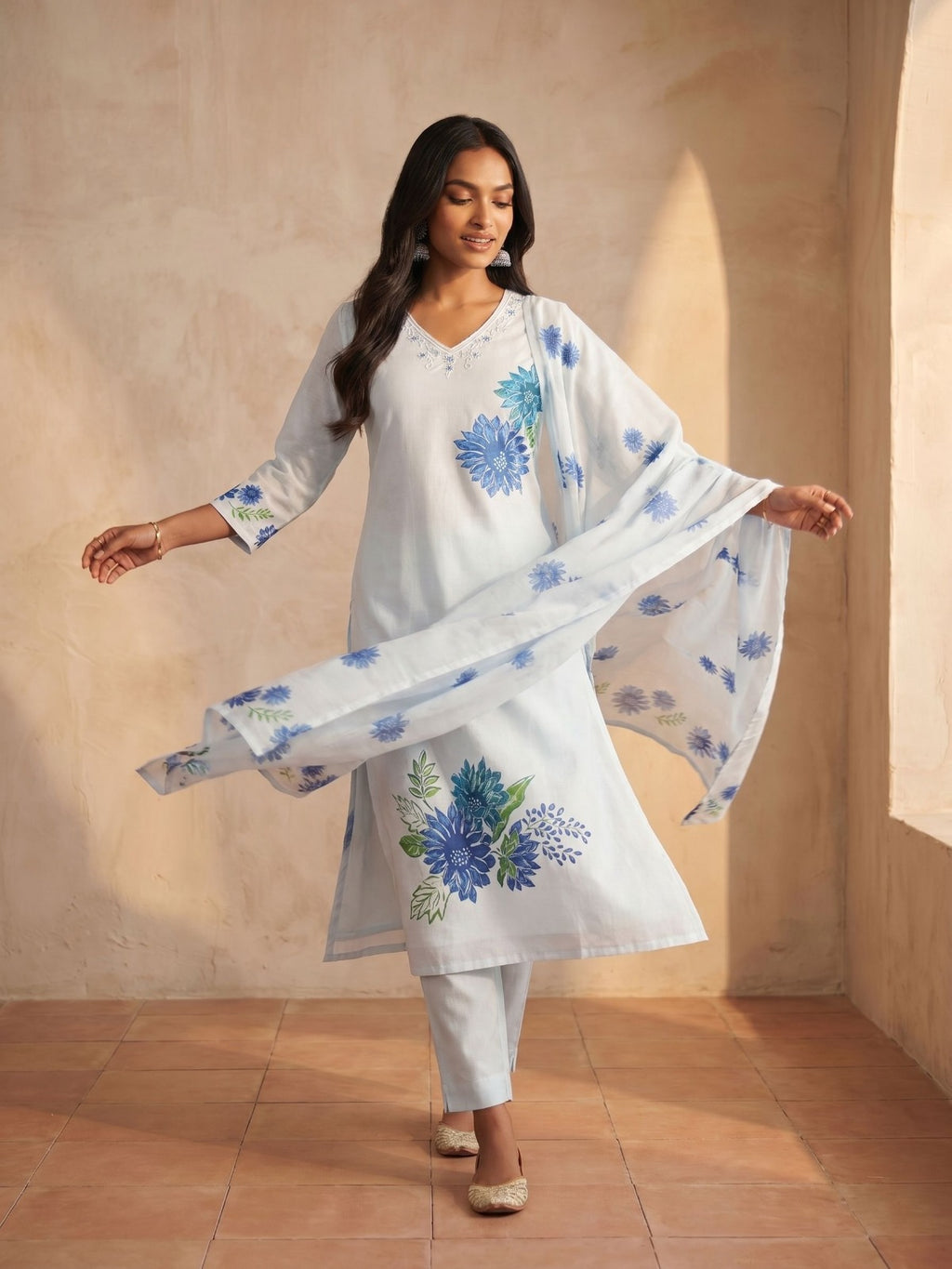 Ivory Blue Floral Suit Set