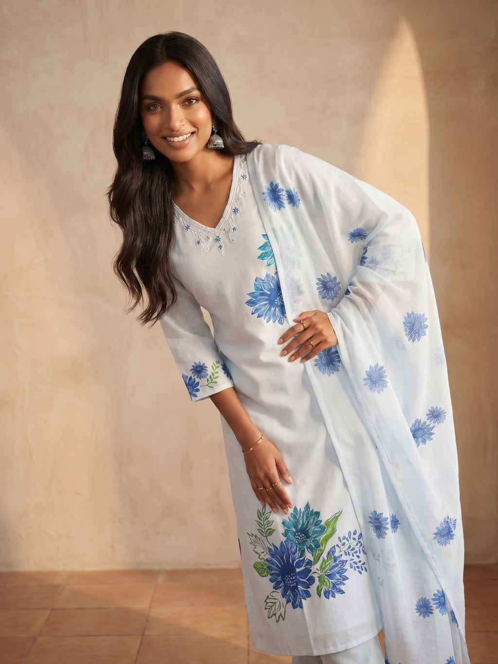 Ivory Blue Floral Suit Set