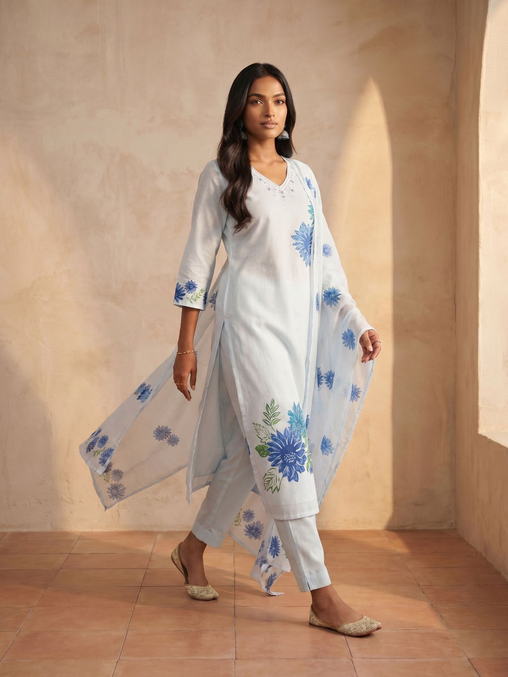 Ivory Blue Floral Suit Set
