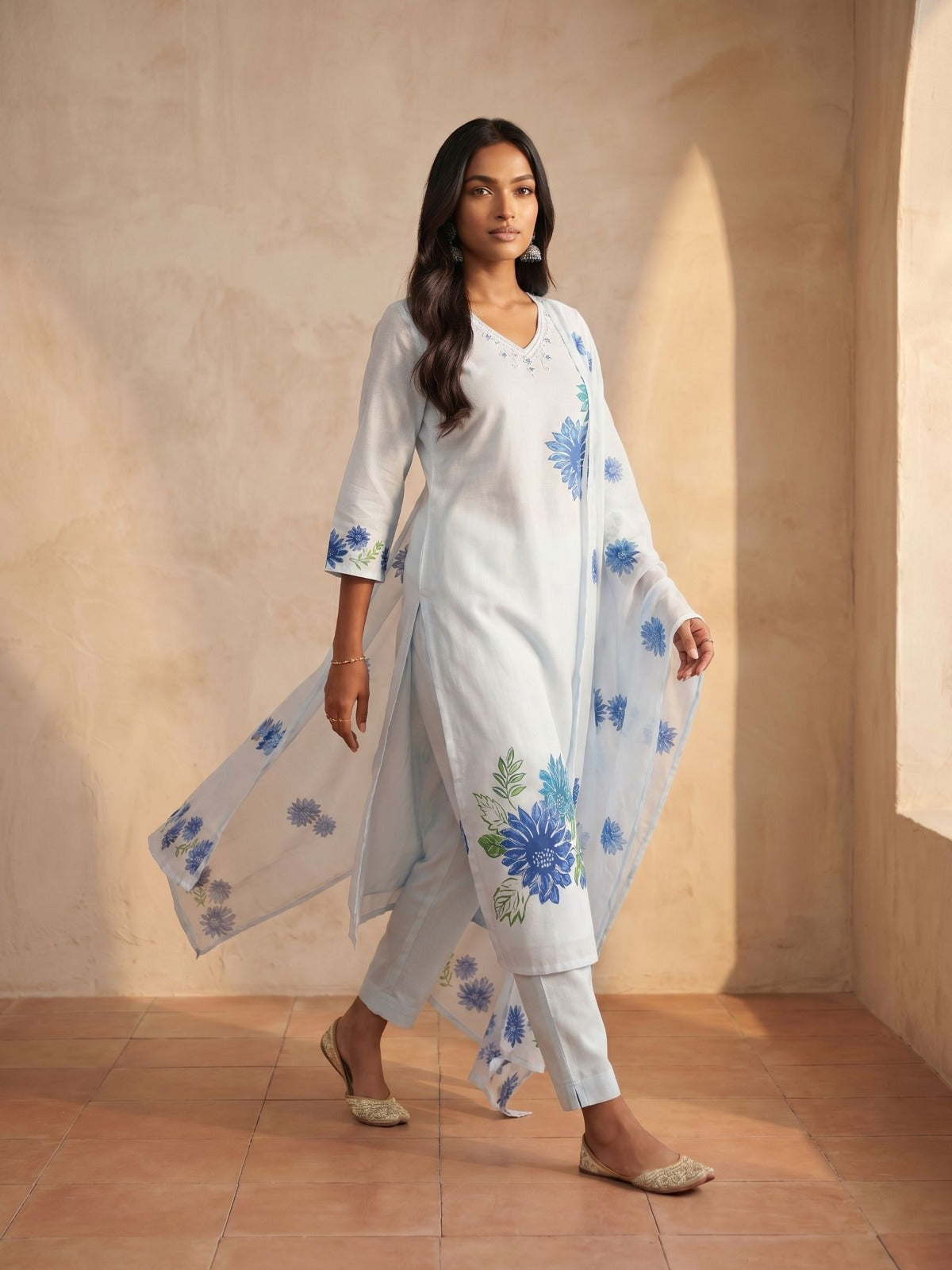Ivory Blue Floral Suit Set