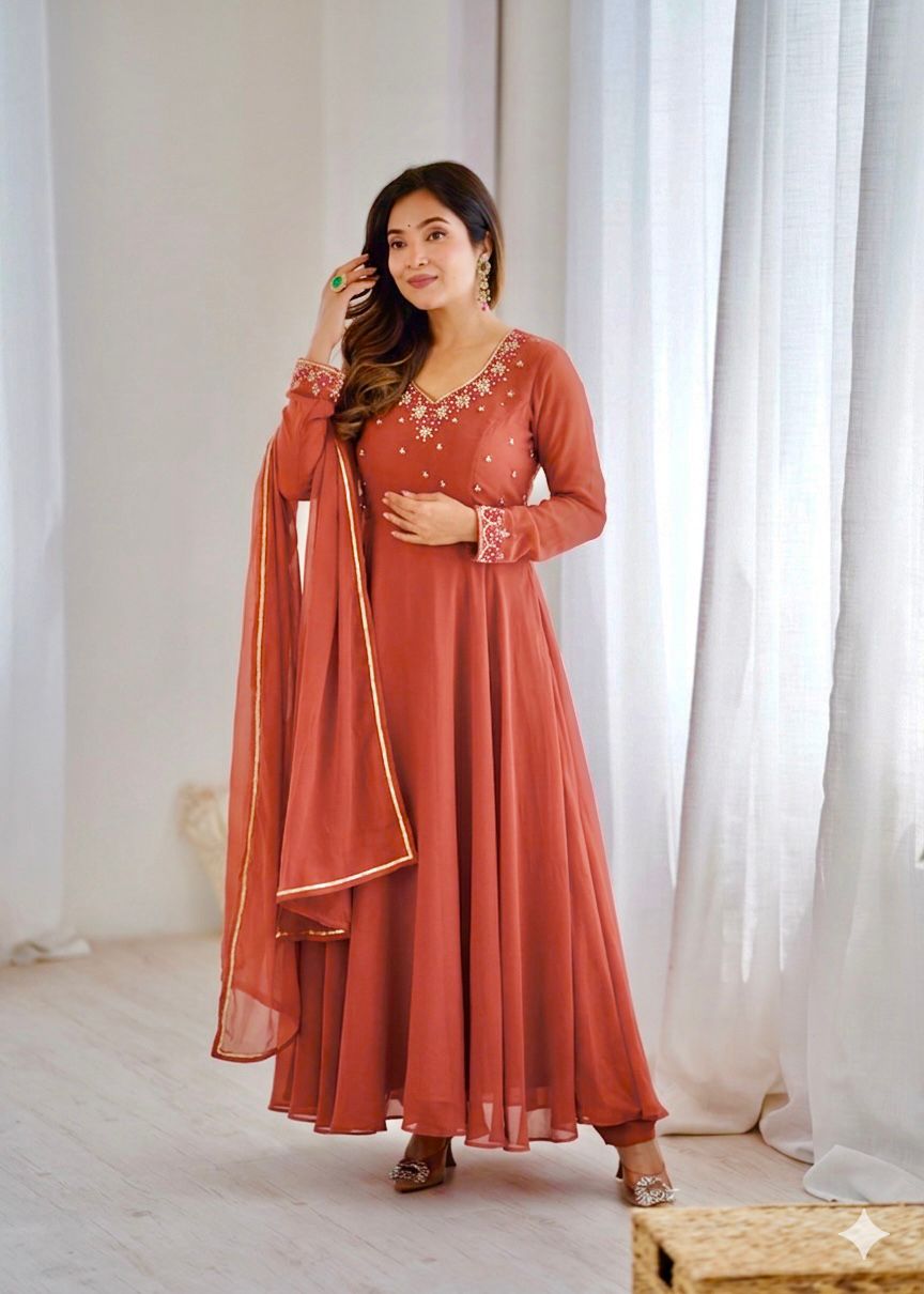 Rust Orange Embroidered Anarkali Kurta Set with Dupatta