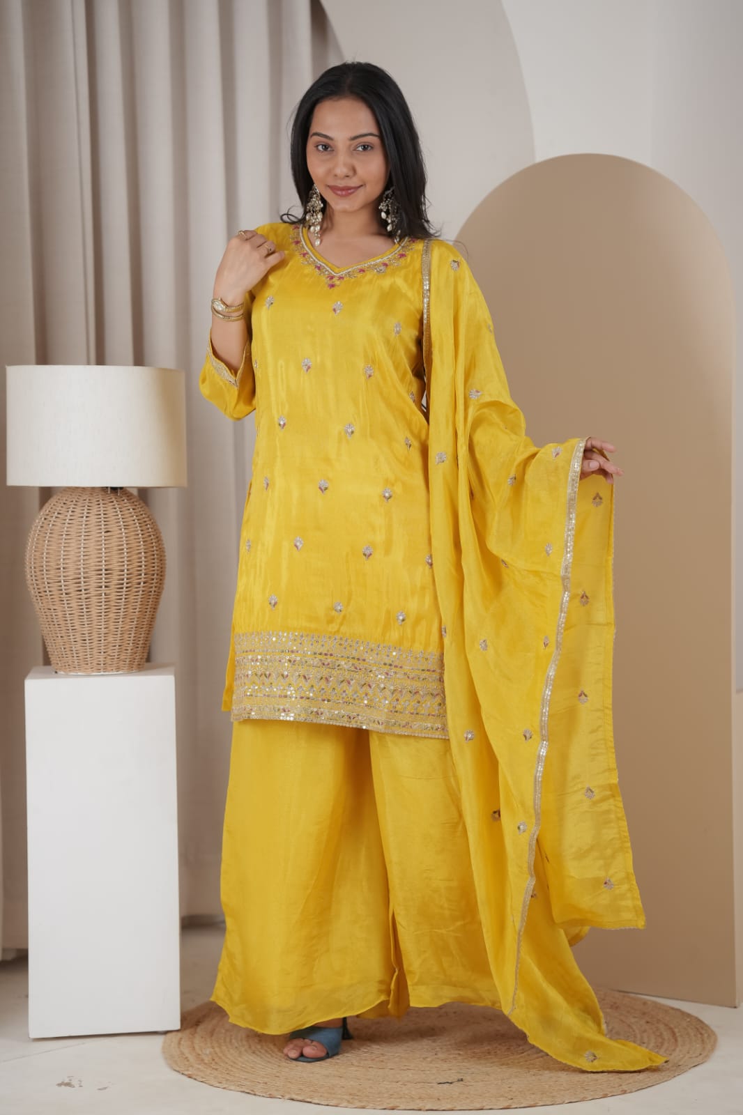 Sunshine Yellow Embellished Kurta Set with Palazzo & Dupatta