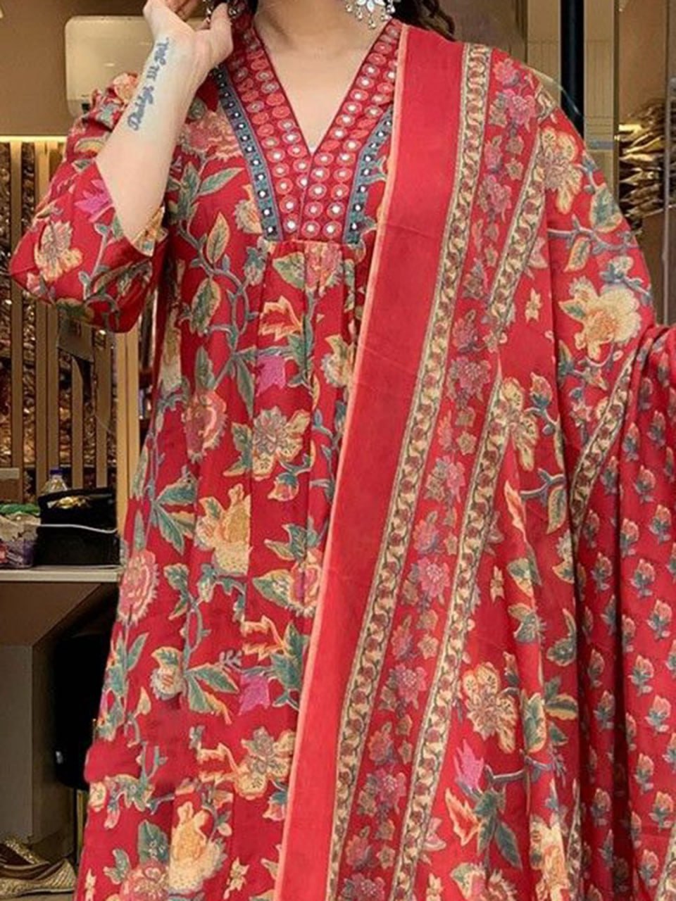 Maroon Floral Printed A-Line Kurta Set with Dupatta