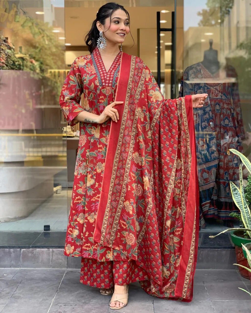 Maroon Floral Printed A-Line Kurta Set with Dupatta
