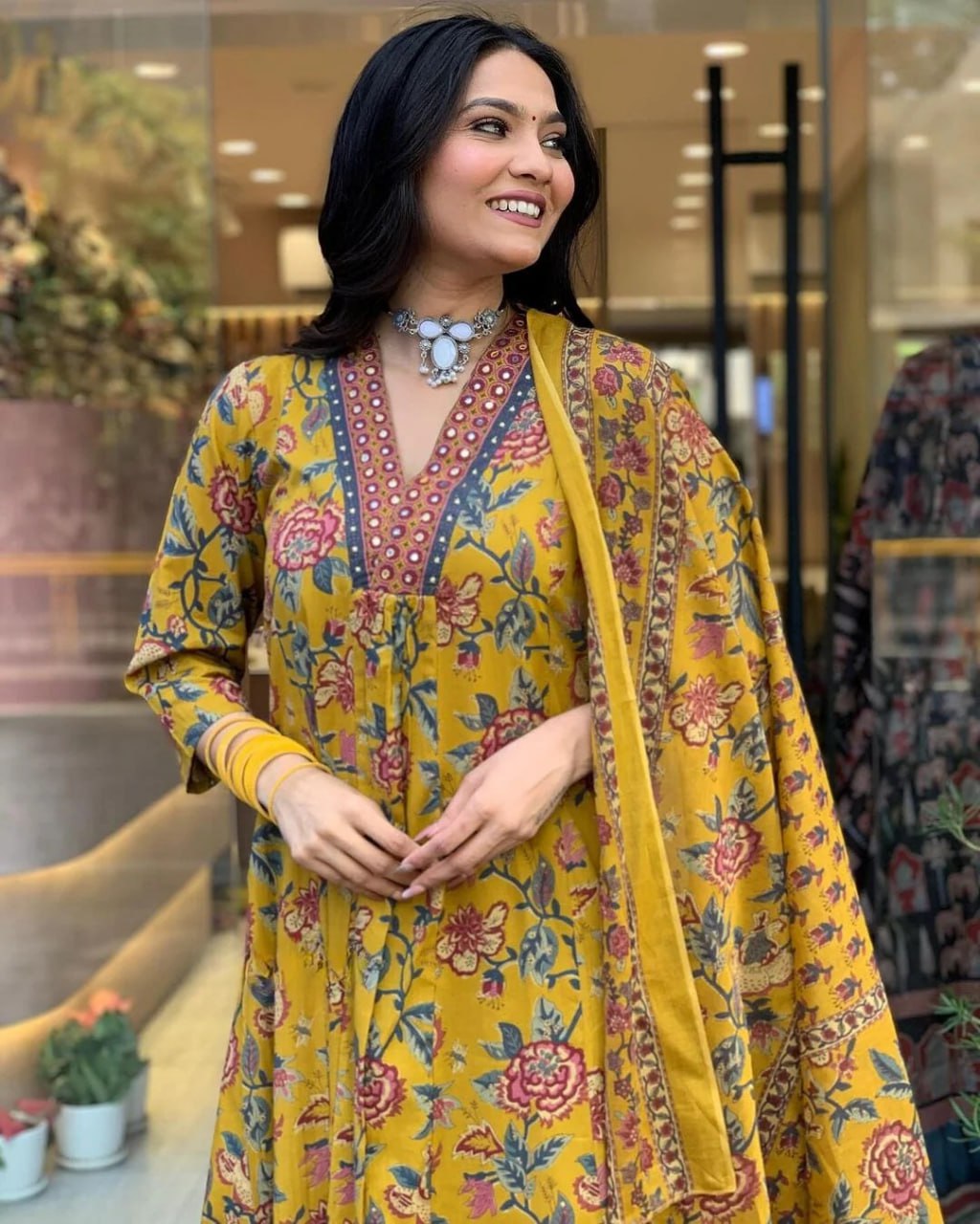 Mustard Floral Printed A-Line Kurta Set with Palazzo & Dupatta
