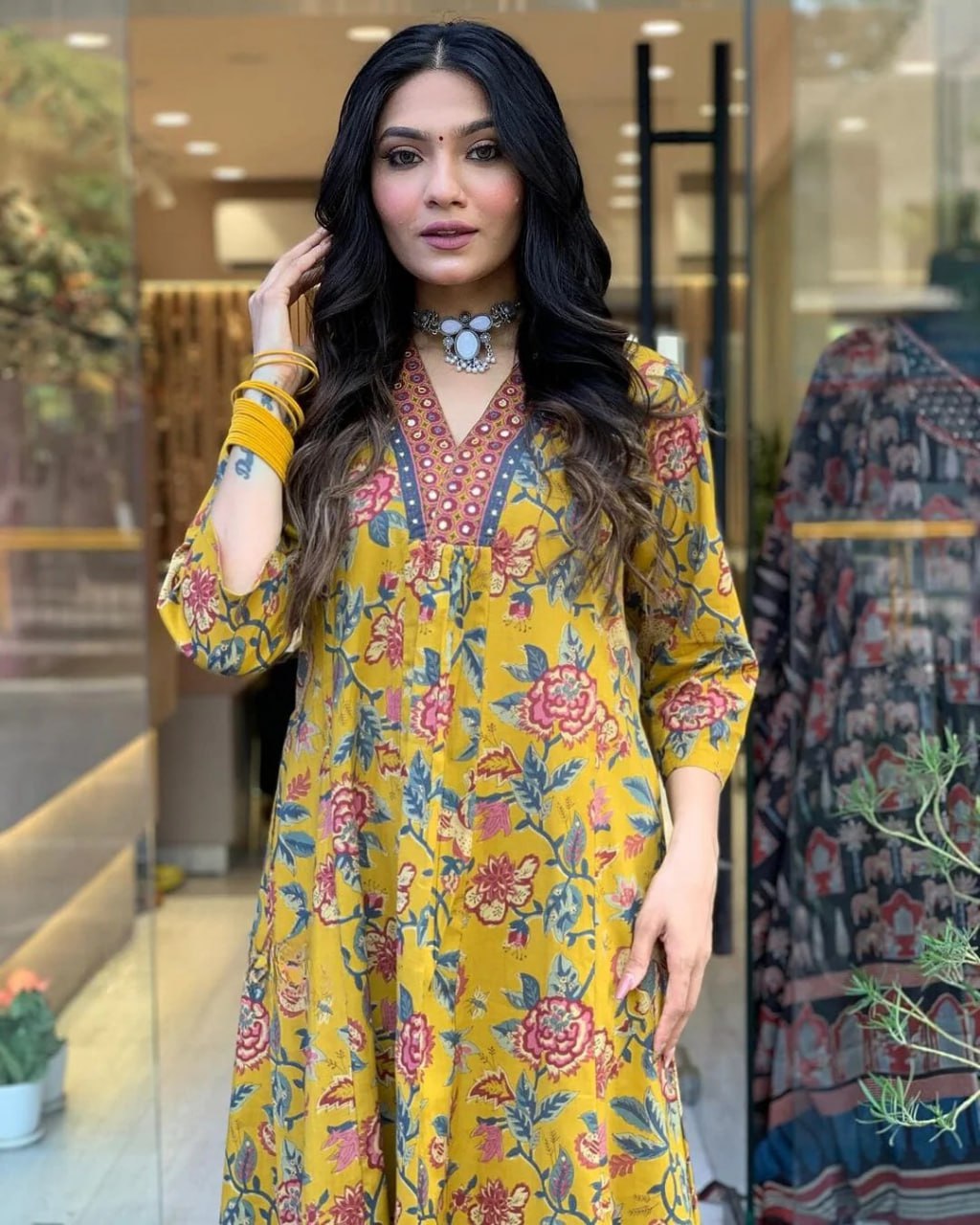 Mustard Floral Printed A-Line Kurta Set with Palazzo & Dupatta