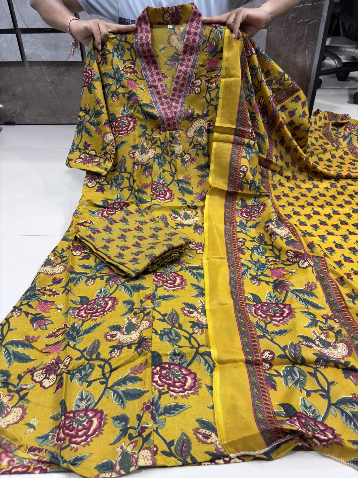Mustard Floral Printed A-Line Kurta Set with Palazzo & Dupatta