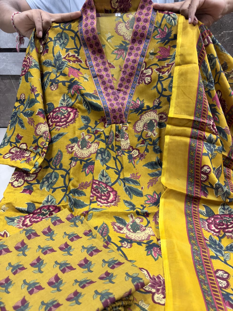 Mustard Floral Printed A-Line Kurta Set with Palazzo & Dupatta