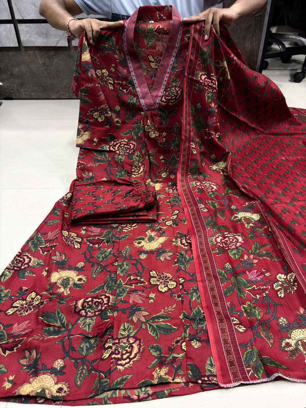 Maroon Floral Printed A-Line Kurta Set with Dupatta