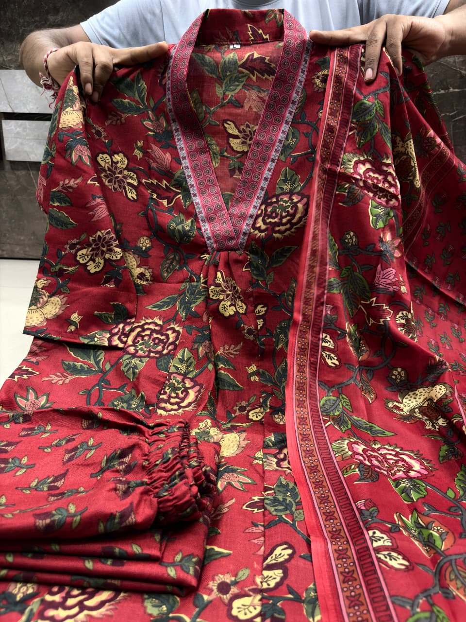 Maroon Floral Printed A-Line Kurta Set with Dupatta