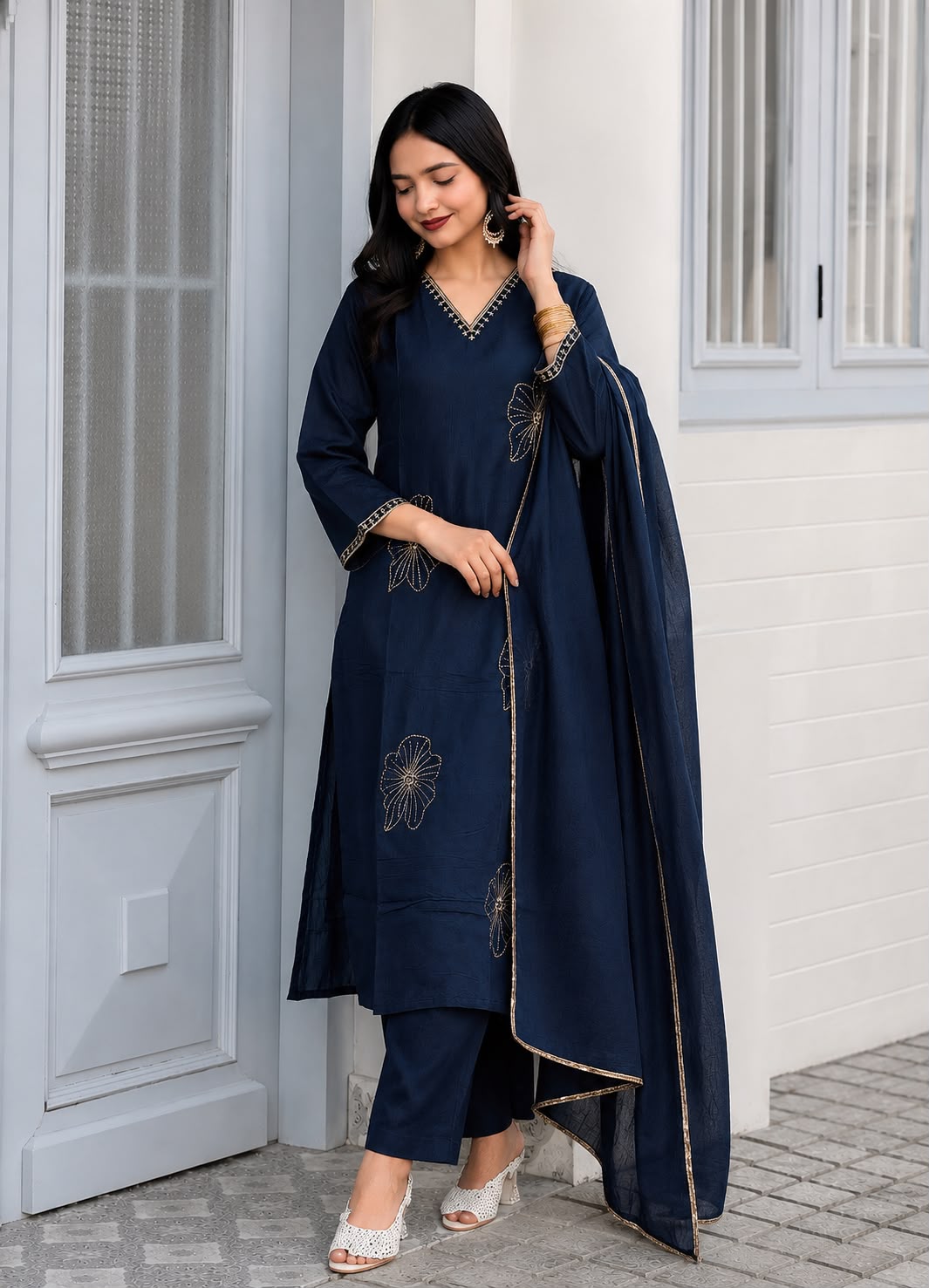 Navy Blue Vichitra Silk Jacquard Zari Weaving Kurta Set with Dupatta