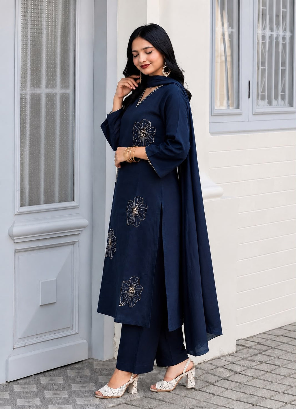 Navy Blue Vichitra Silk Jacquard Zari Weaving Kurta Set with Dupatta