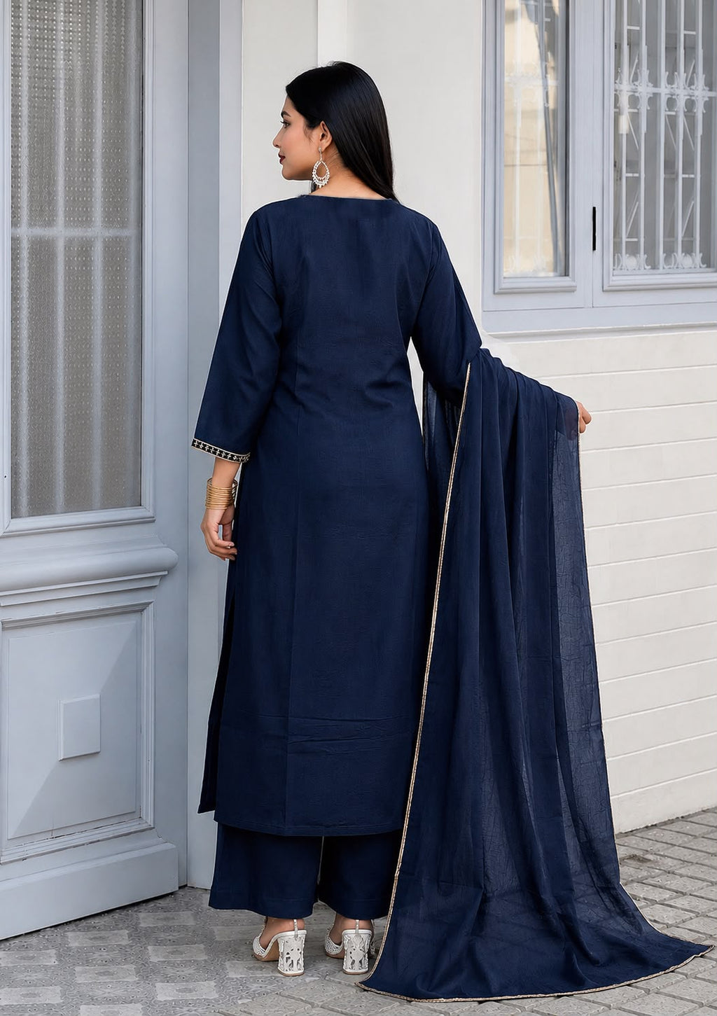 Navy Blue Vichitra Silk Jacquard Zari Weaving Kurta Set with Dupatta