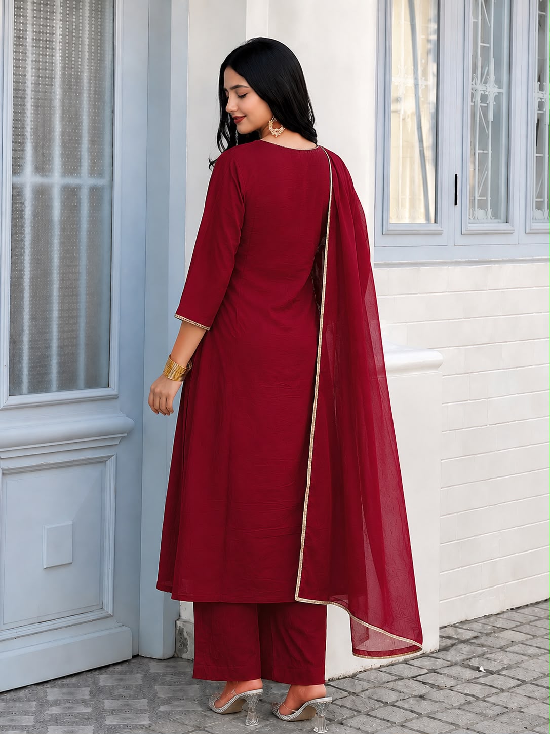 Wine Red Vichitra Silk Jacquard Zari Weaving Kurta Set with Dupatta