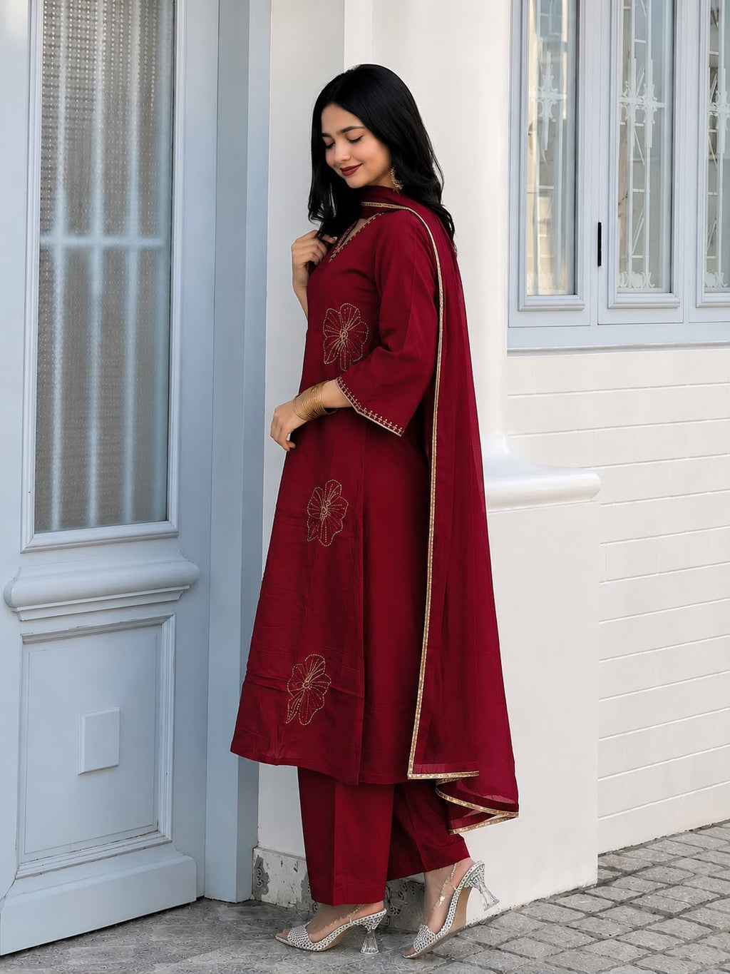 Wine Red Vichitra Silk Jacquard Zari Weaving Kurta Set with Dupatta