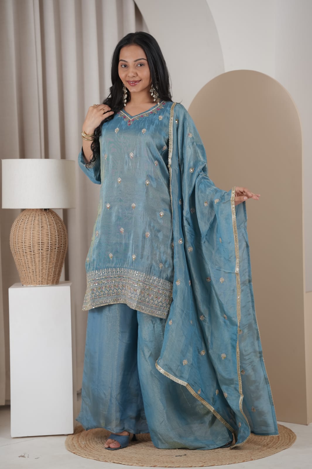 Sky Blue Embellished Kurta Set with Palazzo & Dupatta