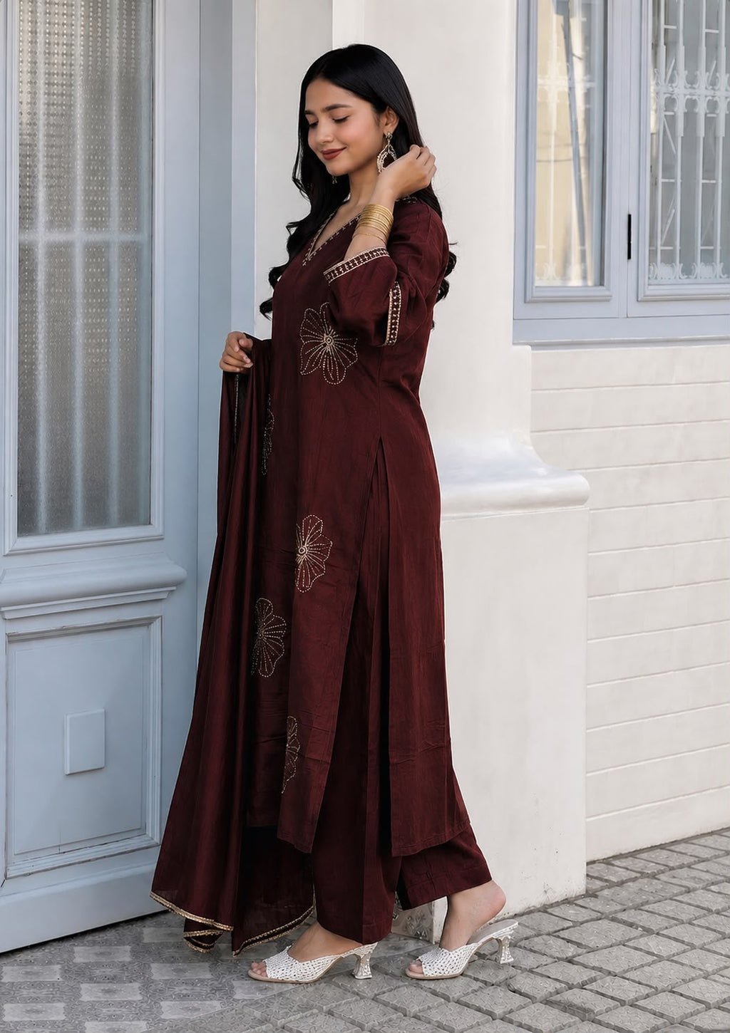 Coffee Brown Vichitra Silk Jacquard Zari Weaving Kurta Set with Dupatta