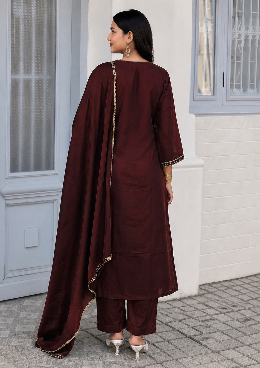Coffee Brown Vichitra Silk Jacquard Zari Weaving Kurta Set with Dupatta