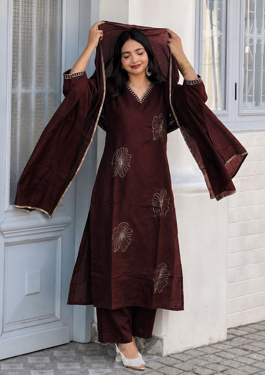 Coffee Brown Vichitra Silk Jacquard Zari Weaving Kurta Set with Dupatta