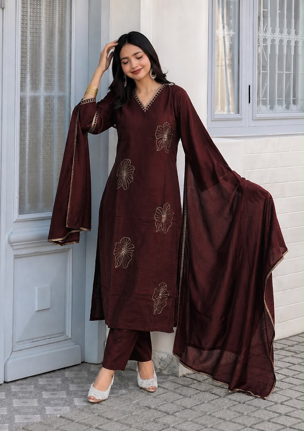 Coffee Brown Vichitra Silk Jacquard Zari Weaving Kurta Set with Dupatta