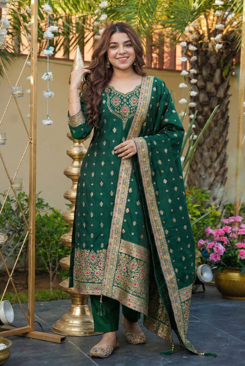 Emerald Royale Embroidered Silk Blend Suit Set