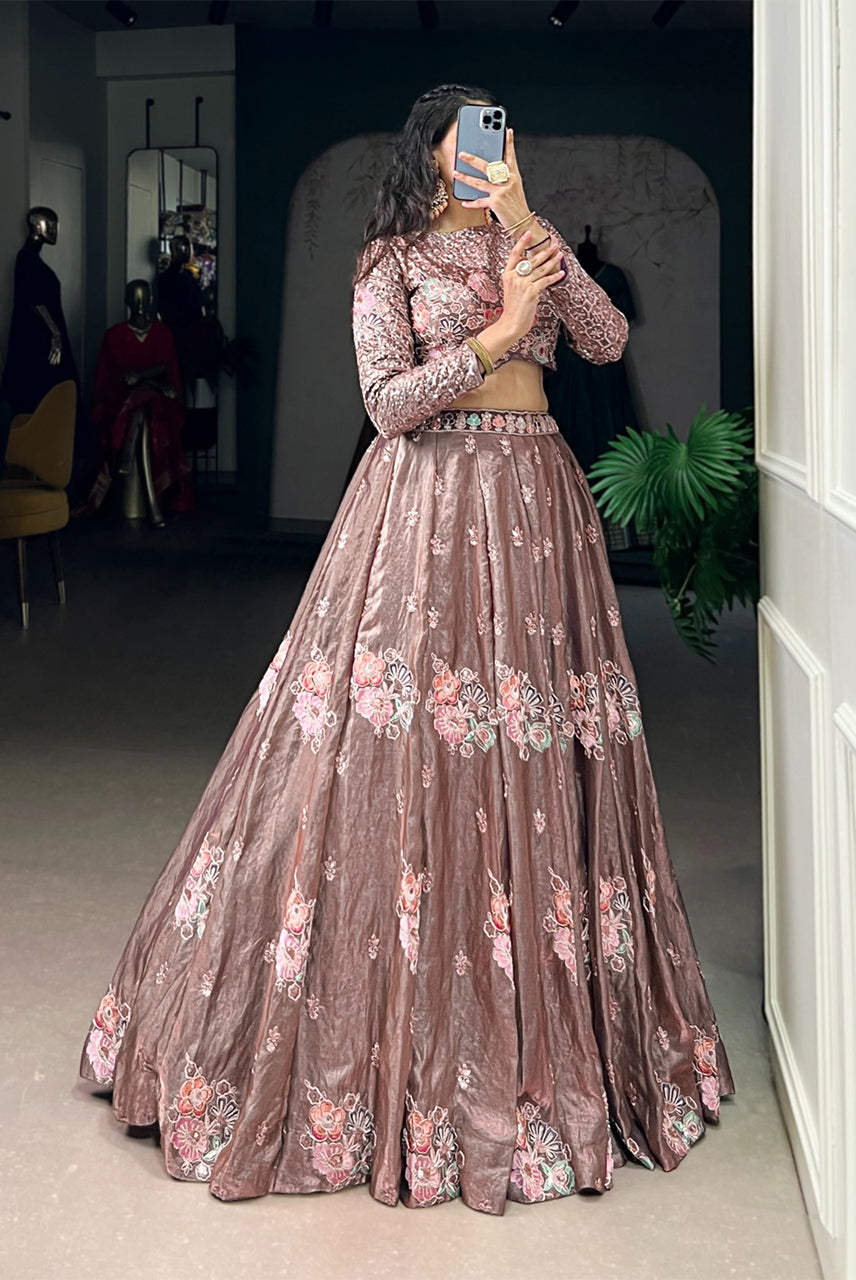 Blush Mocha Floral Embroidered Bridal Lehenga Set