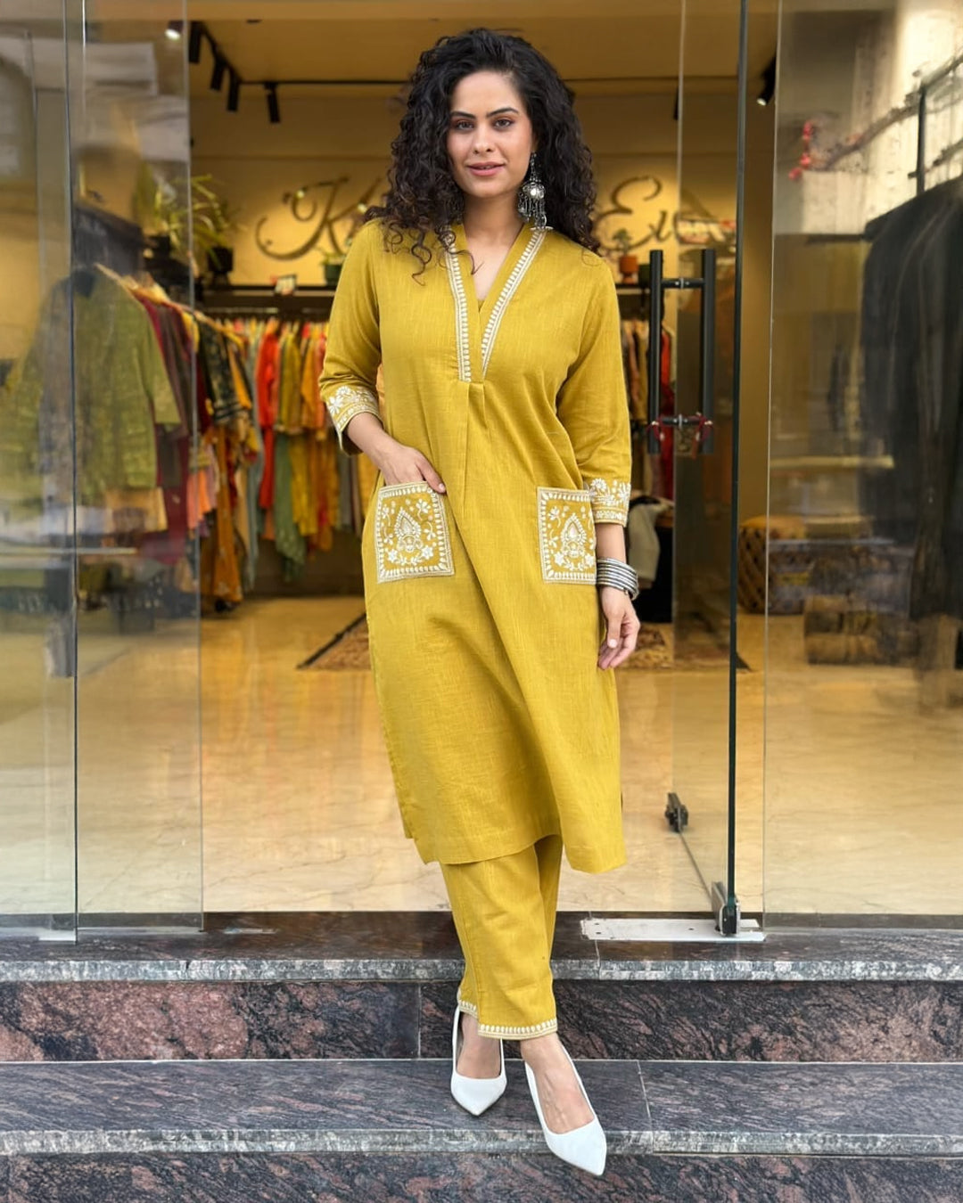 Mustard Charm Embroidered Cotton Kurta Set