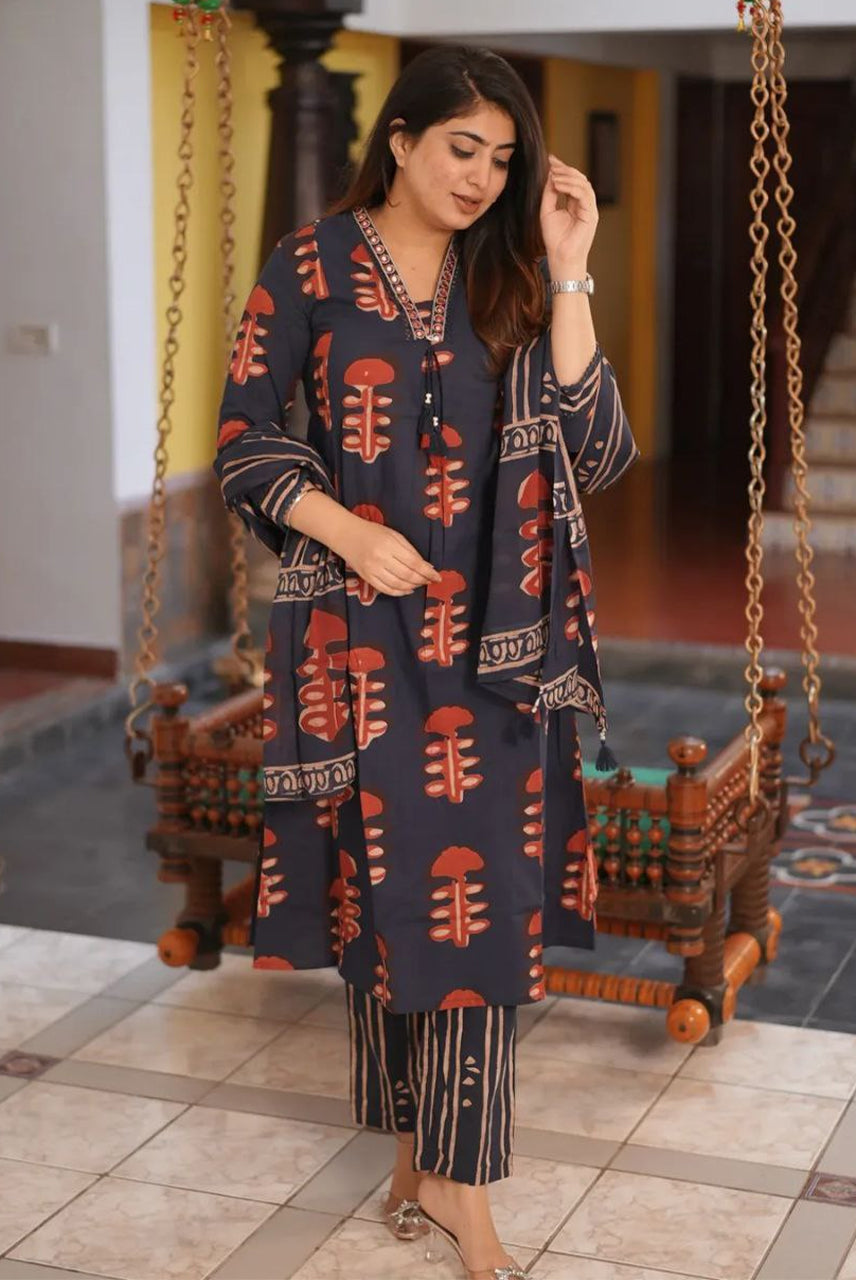 Charcoal Rust Ethnic Printed Suit Set
