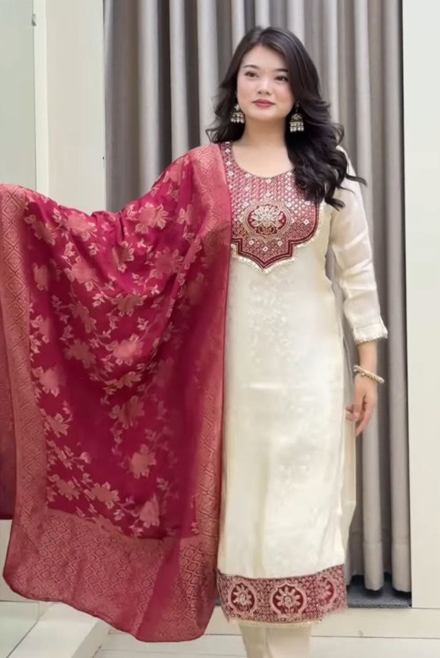 vory Grace Embroidered Suit Set with Red Woven Dupatta