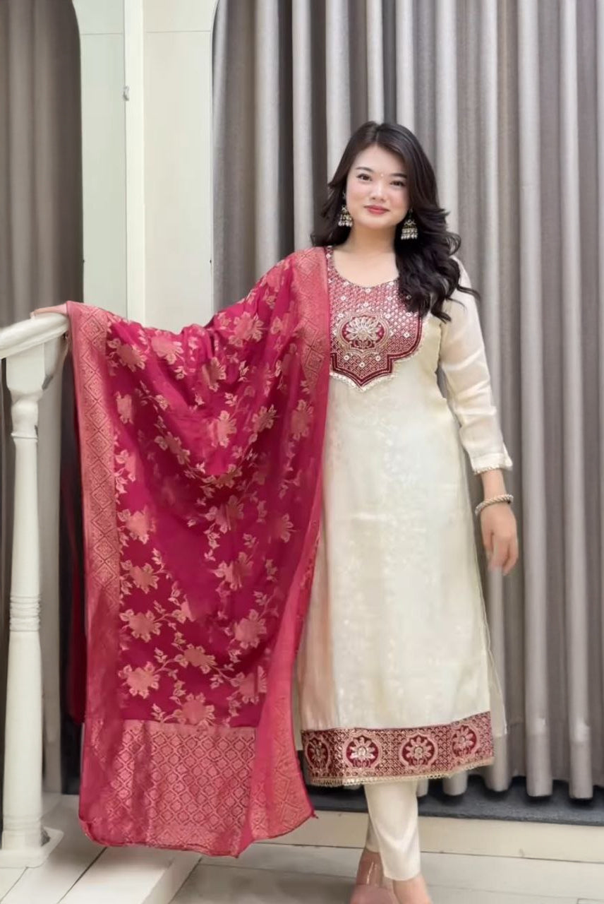 vory Grace Embroidered Suit Set with Red Woven Dupatta