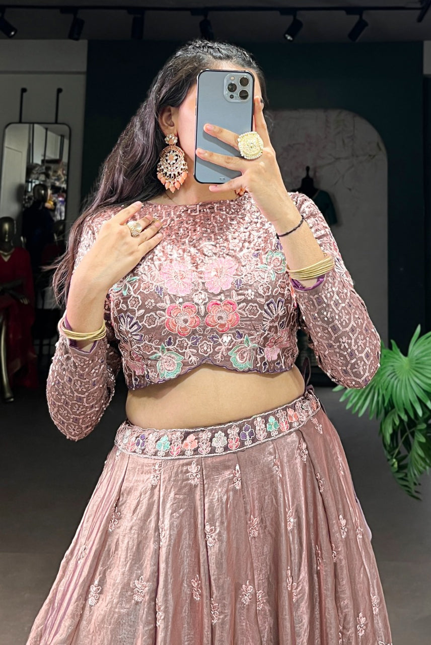Blush Mocha Floral Embroidered Bridal Lehenga Set