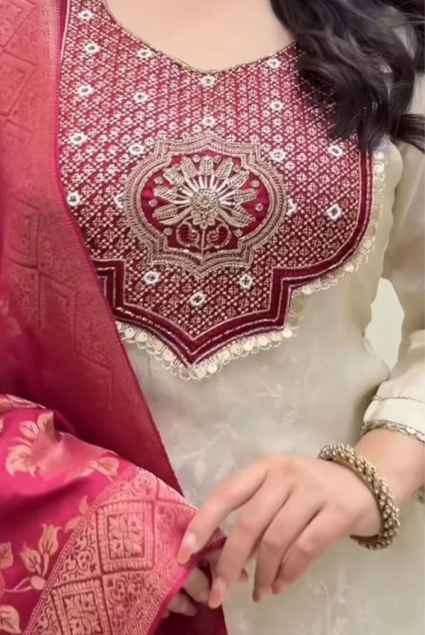 vory Grace Embroidered Suit Set with Red Woven Dupatta
