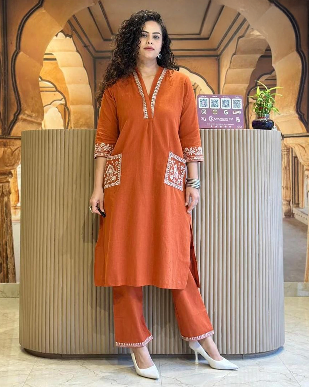 Rust Orange Charm Embroidered Cotton Kurta Set
