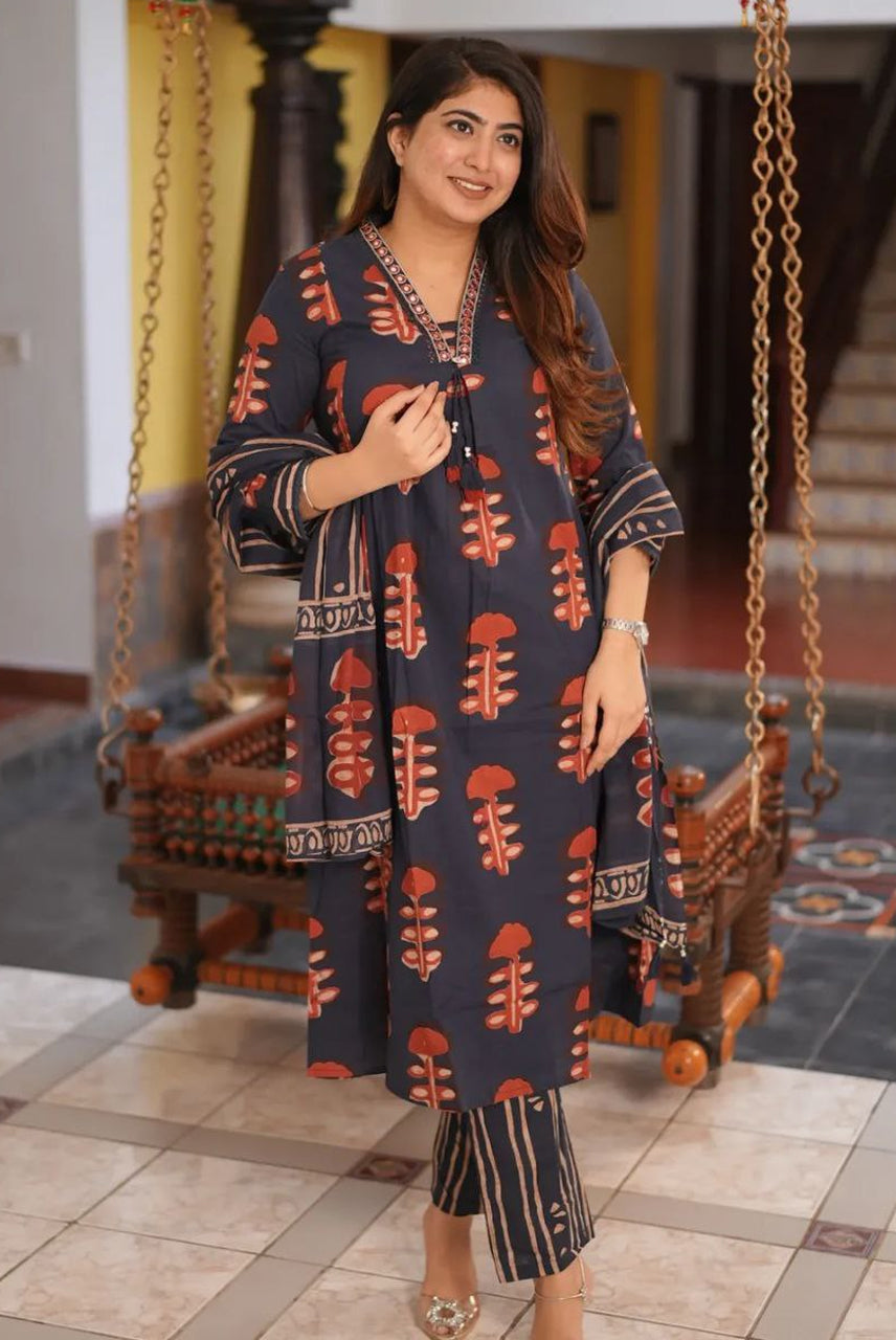 Charcoal Rust Ethnic Printed Suit Set