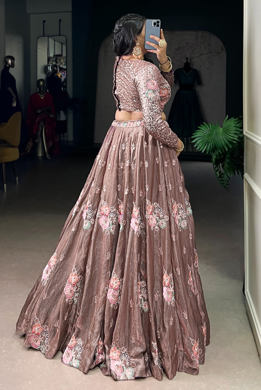 Blush Mocha Floral Embroidered Bridal Lehenga Set