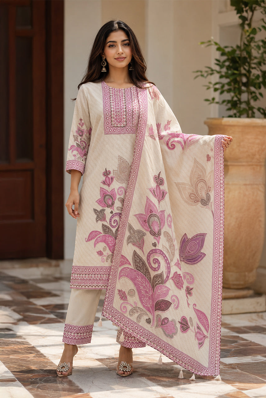 Cream & Pink Floral Printed Kurta Set with Dupatta