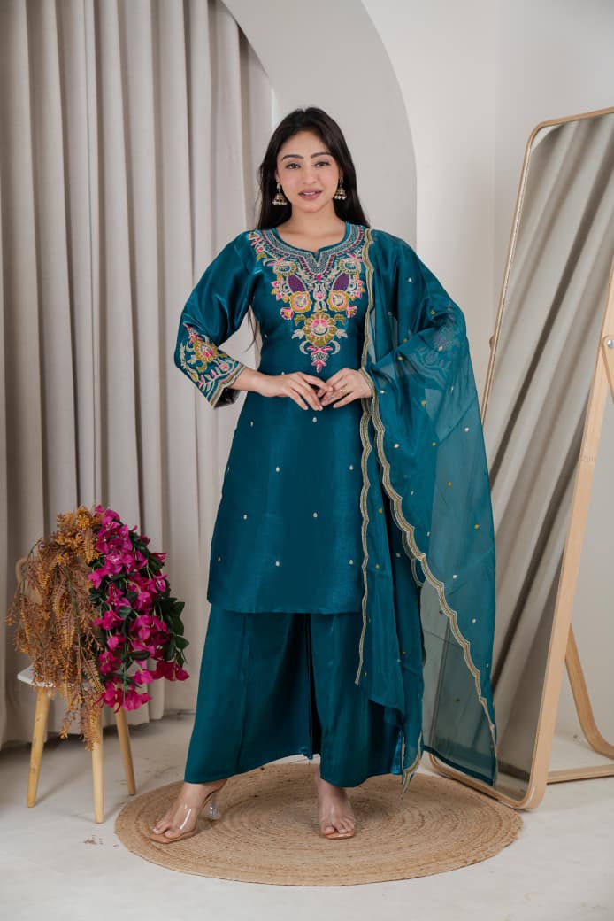 Teal Blue Floral Embroidered Kurta Set with Palazzo & Organza Dupatta