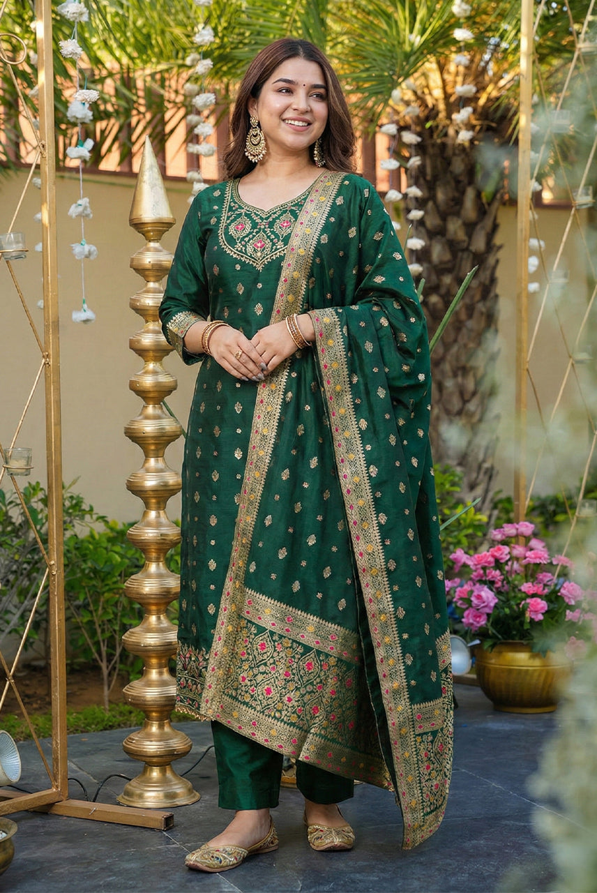 Emerald Royale Embroidered Silk Blend Suit Set