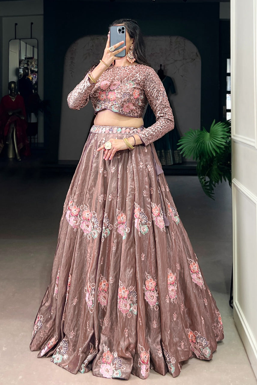 Blush Mocha Floral Embroidered Bridal Lehenga Set