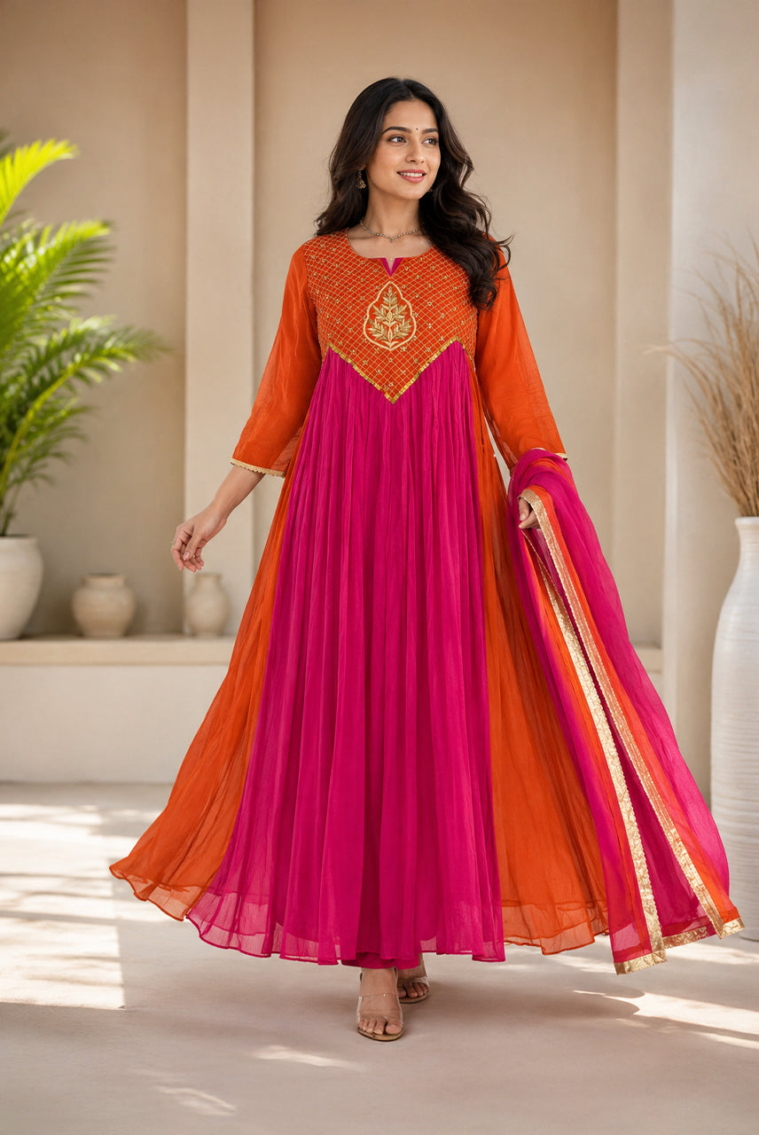 Orange & Fuchsia Embroidered Anarkali Suit Set with Dupatta