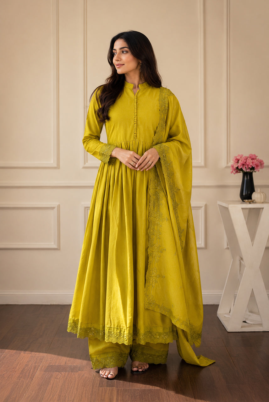 Lime Yellow Embroidered Anarkali Set