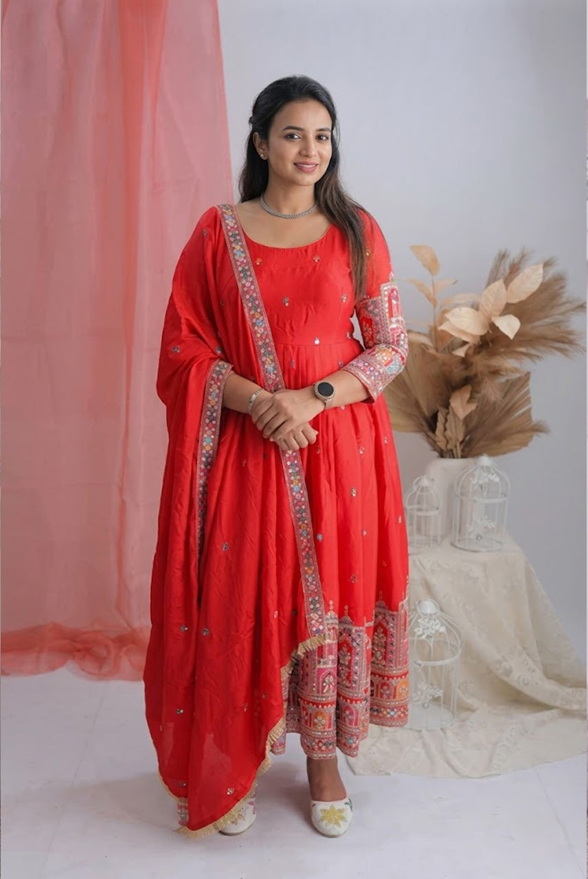 Royal Chinon Silk Embroidered Gown Set-Red
