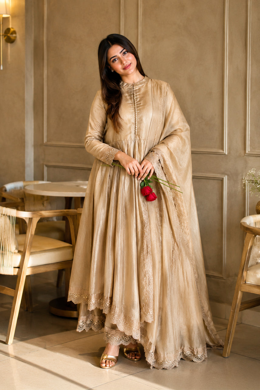 Champagne Beige Embroidered Anarkali Suit Set with Dupatta