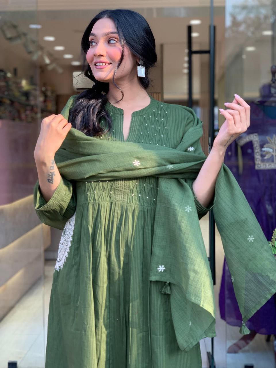 Sukoon Mehru – Olive Cotton Kurta Dupatta Set