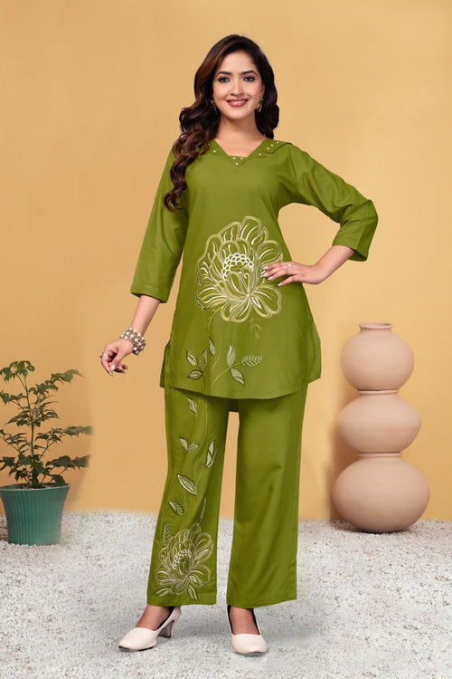 Aranya Elara – Olive Embroidered Co-Ord Set