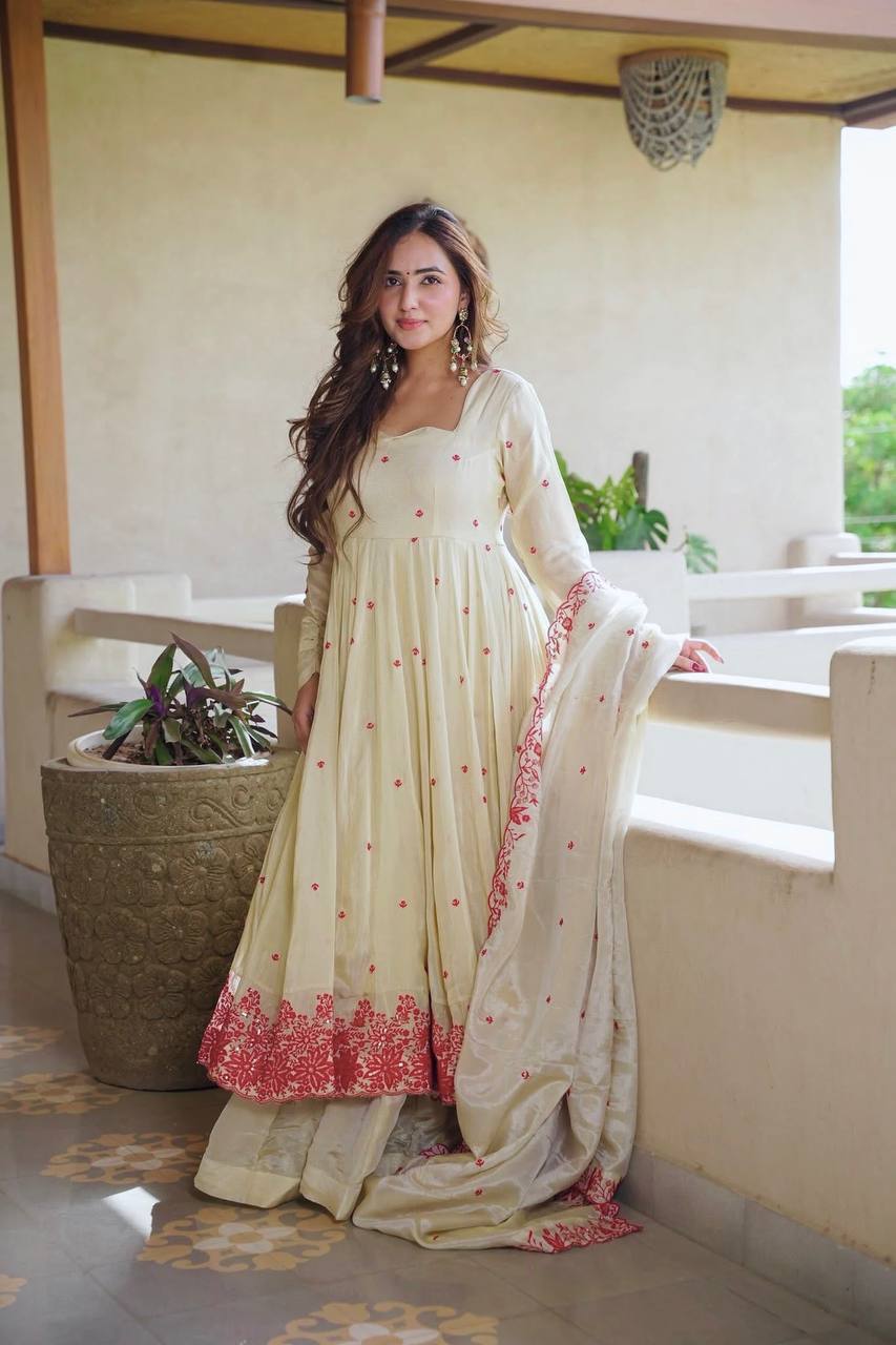 Off-White Embroidered Anarkali Kurta Set with Dupatta
