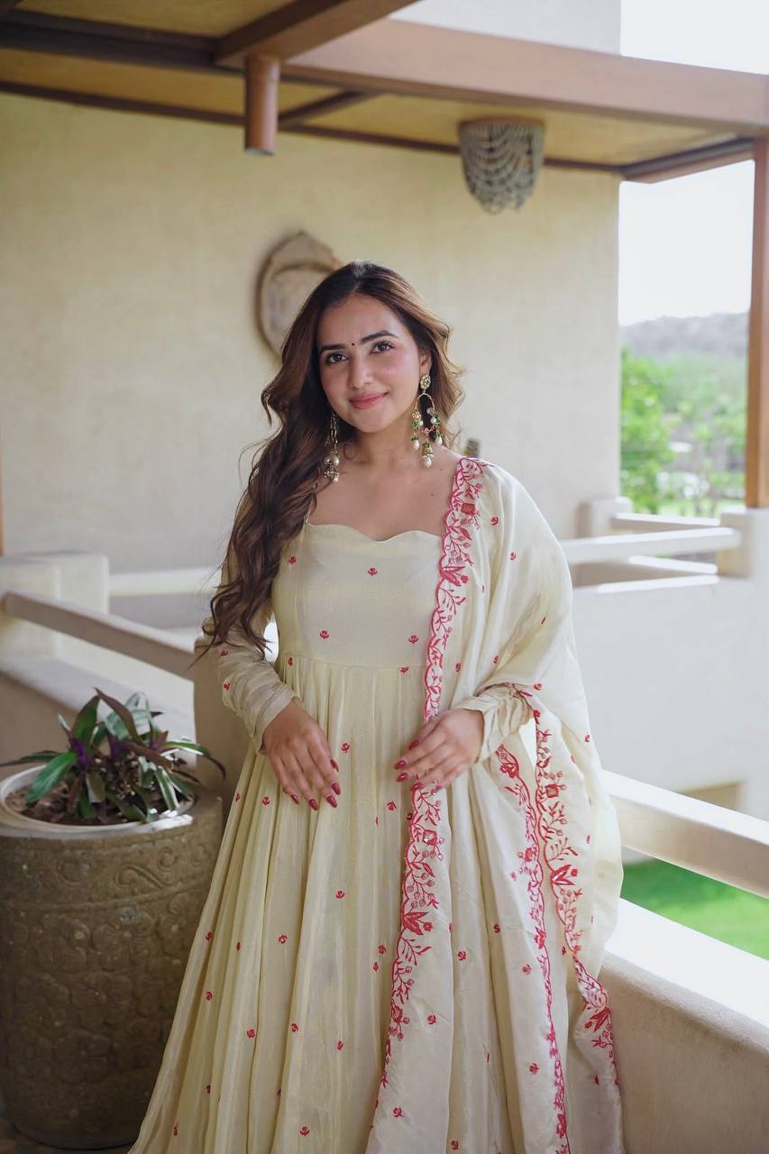 Off-White Embroidered Anarkali Kurta Set with Dupatta