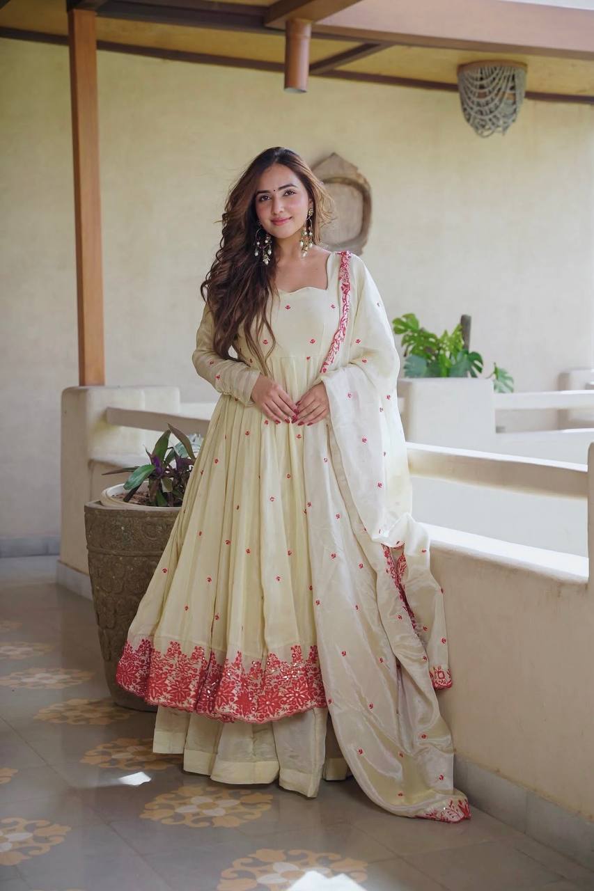 Off-White Embroidered Anarkali Kurta Set with Dupatta