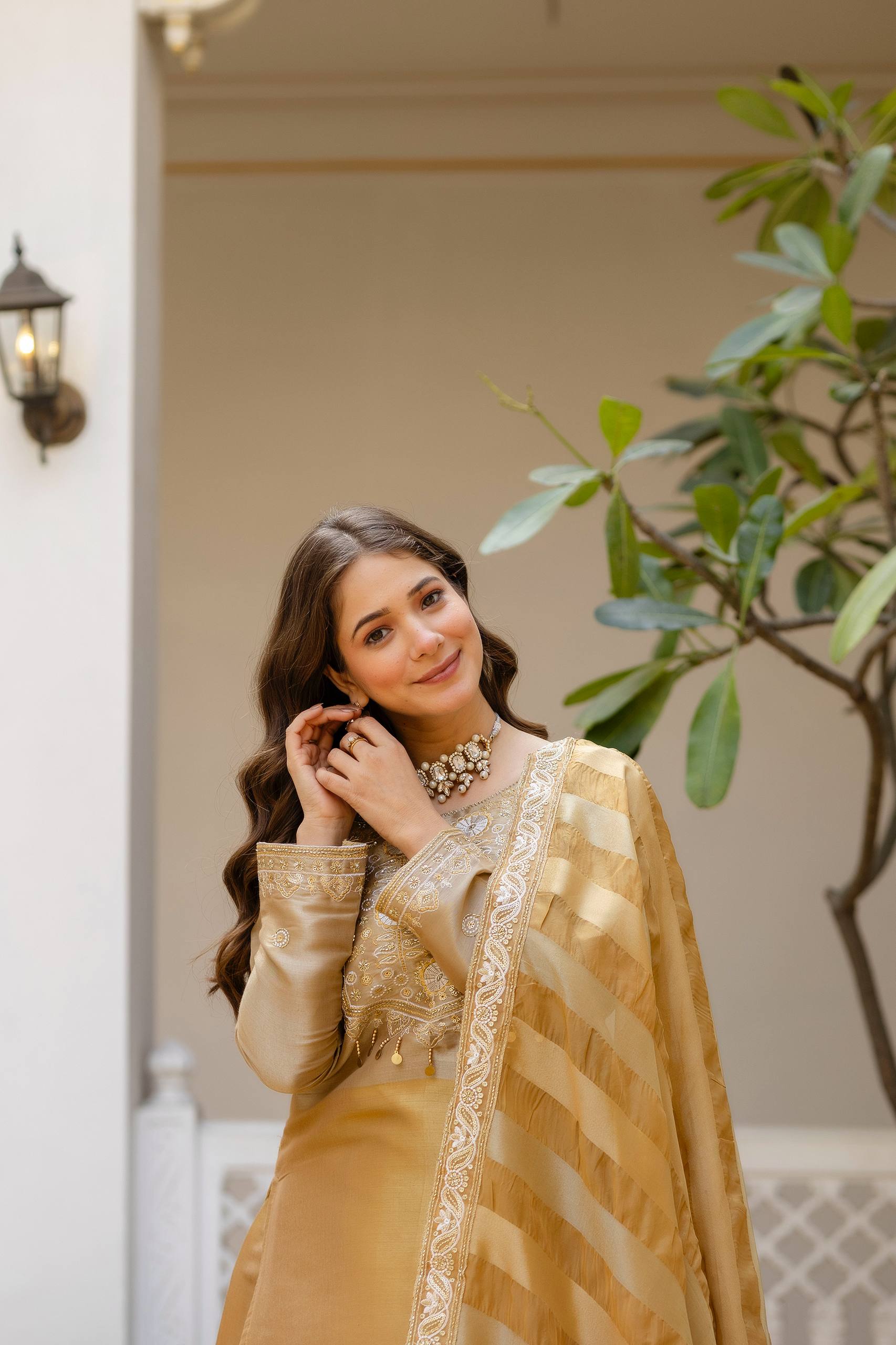 Golden Tissue Silk Embroidered Kurta Set with Premium Tissue Dupatta
