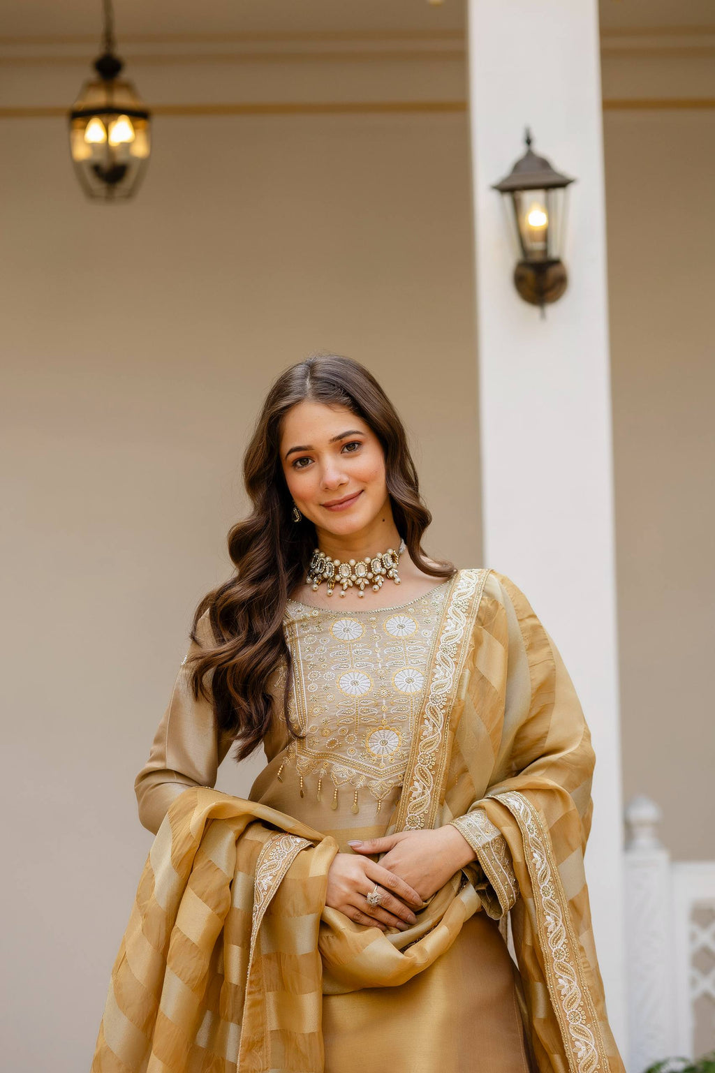 Golden Tissue Silk Embroidered Kurta Set with Premium Tissue Dupatta